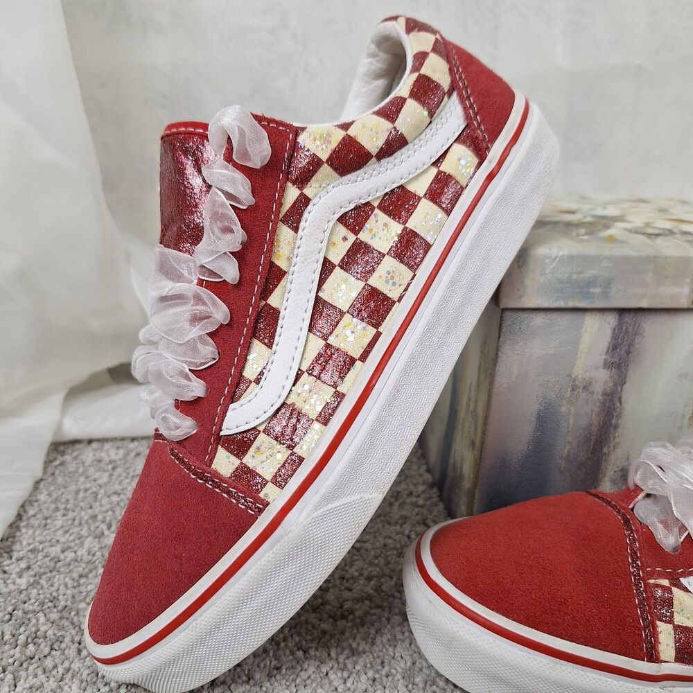 7.5 Women's Red Check Suede Glitter Bomb Vans Formal Fairy Event Feminine Fancy
